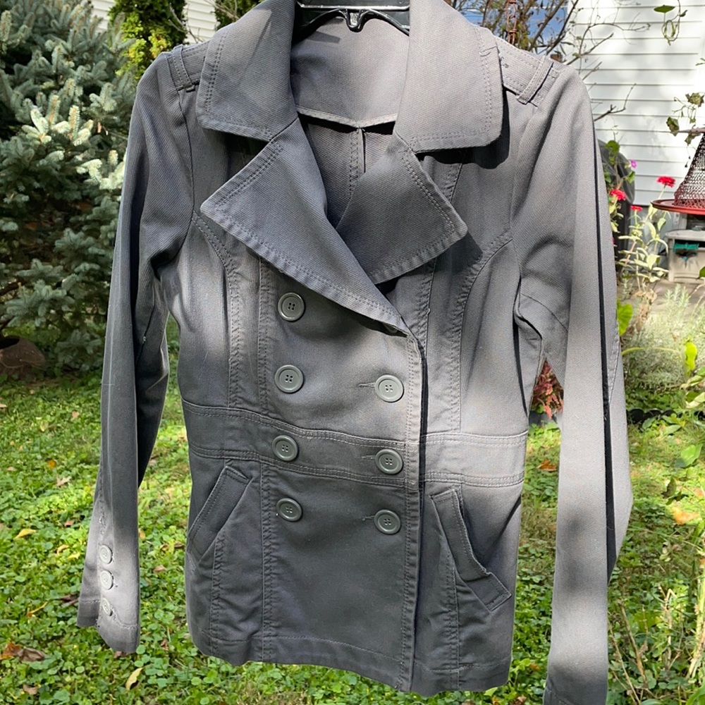 Jacket, military double-breasted, twill grey. H&M size 10, but I’d say SMALL.
